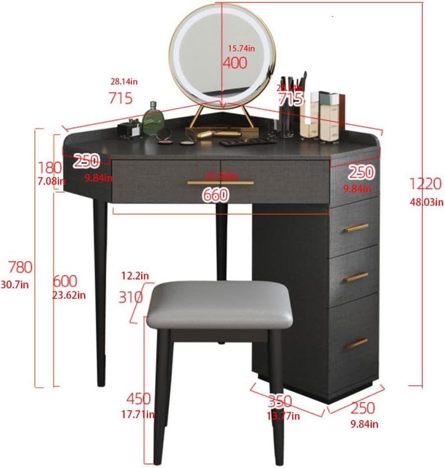 Dressing Table Bedroom Dresser Assembled Corner Dresser Right Angle Integrated Vanity Table with Stool, LED Mirror, Multiple Drawers Dressing Table with Mirror