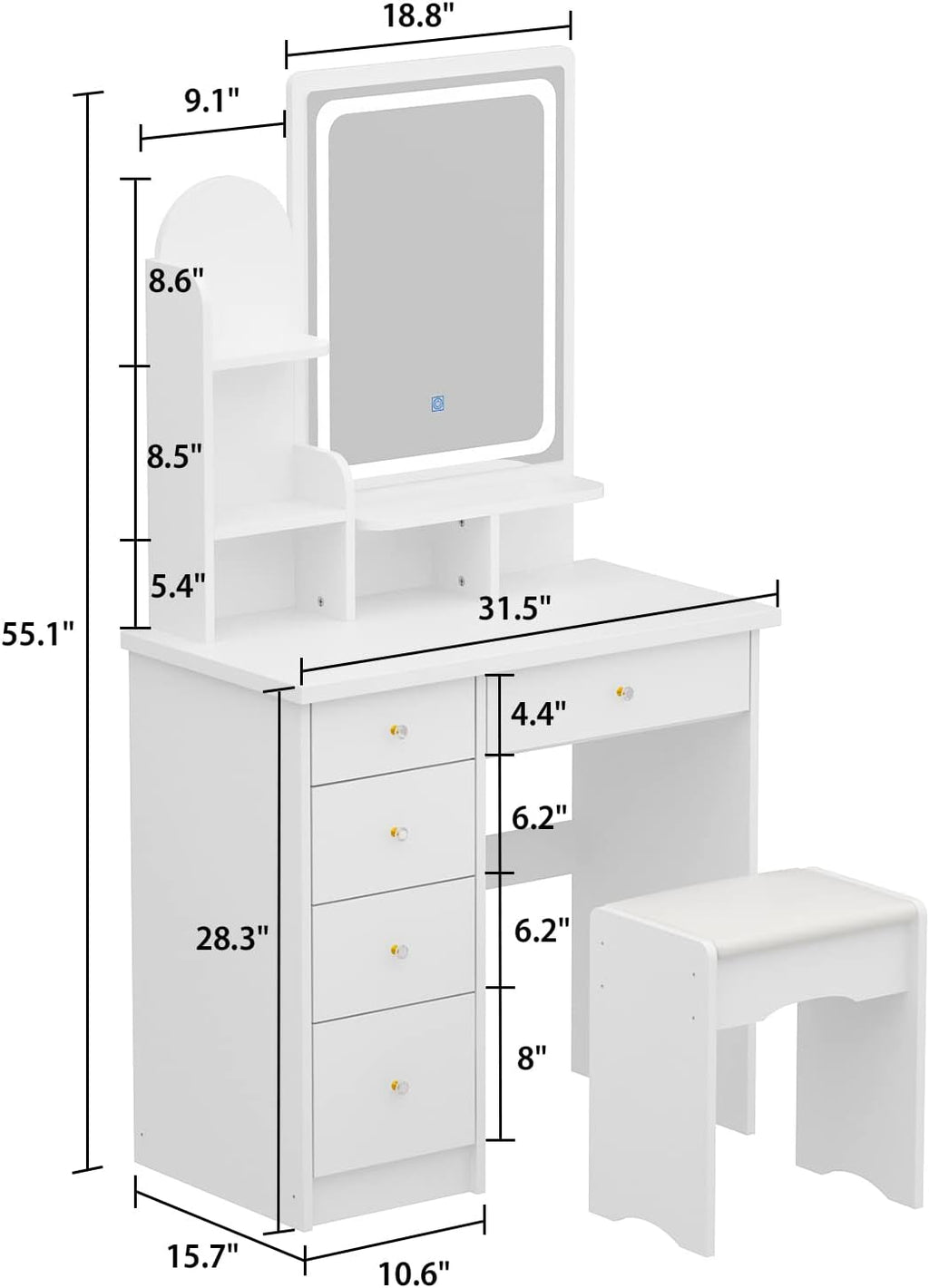ECACAD Vanity Desk, Vanity Table Set with LED Lighted Mirror, Makeup Vanity Dressing Table with Drawers, Storage Shelves, Crystal Handles and Cushioned Stool, White