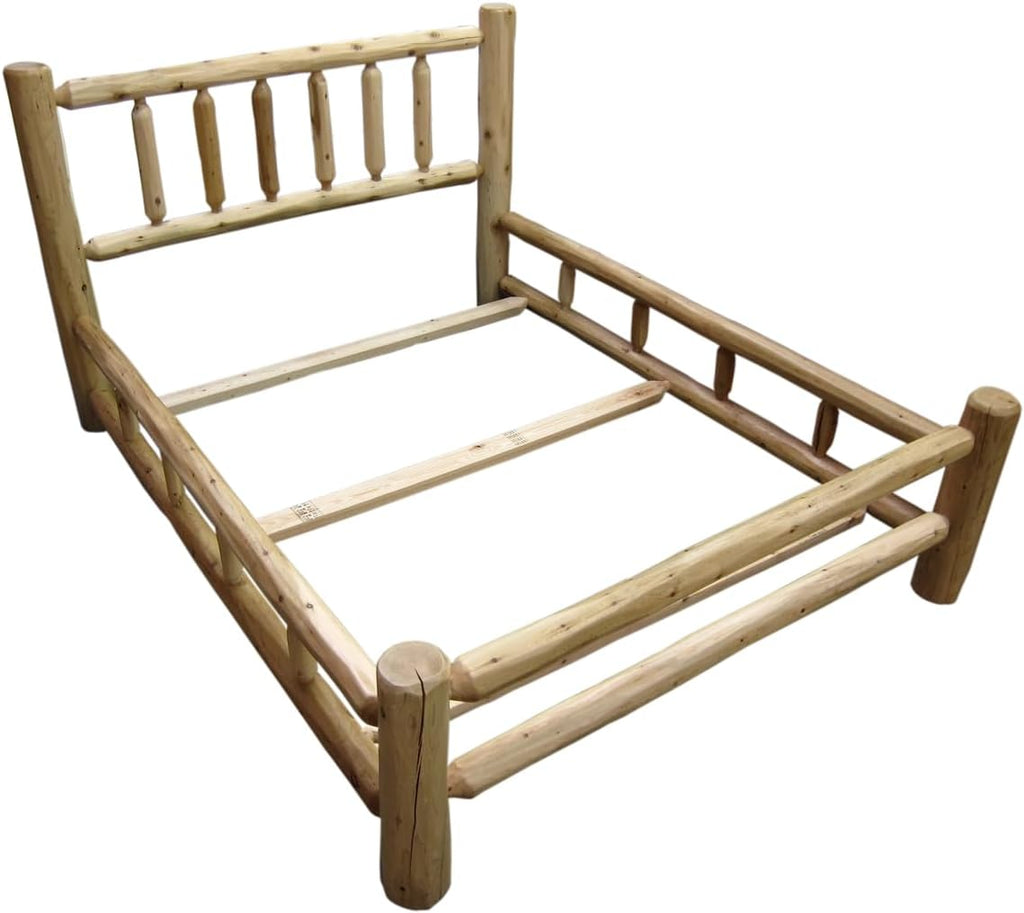 Log Bed Frame with Headboard, Queen Size - Unfinished, Natural, Solid White Cedar Wood, Heavy Duty, Amish Handcrafted in USA