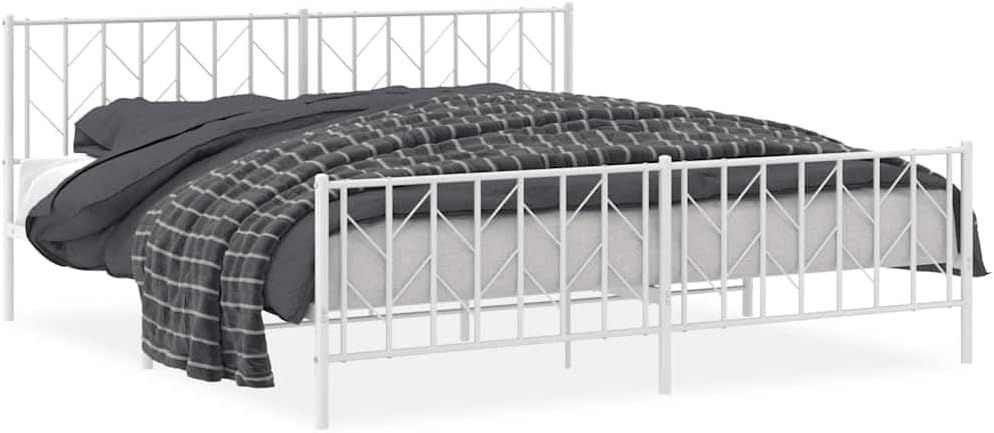 Metal Bed Frame with Footboard White 76'x79.9' King Platform Bed Frame Steel Construction Underbed Storage Space for Bedroom Furniture