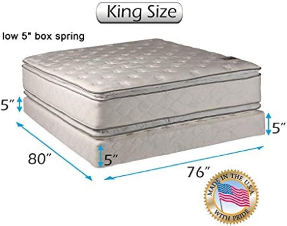 DS Solutions USA Brand 2-Sided Soft PillowTop King Size Mattress and Low 5' Height Box Spring Set with Metal Bed Frame - Sleep System with Enhanced Cushion Support, Spine Support, Longlasting Comfort