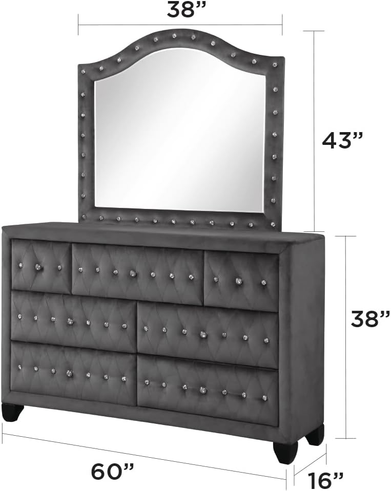 Modern Bedroom Set with Built-in TV Storage & Electric Fireplace - Gray Upholstered 4-Piece Queen Bed Set for Home Office & Small Space Living - Complete Bed Frame Dresser Nightstand Mirror Se