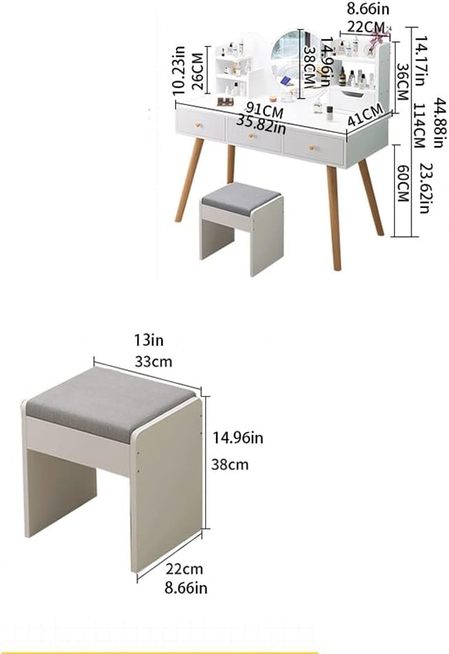 Vanity Benches Vanity Table Set with Brightness Adjustable Touch Screen Dimming Mirror, with 3 Large Drawers, with Display Stand Ladies Or Girls Dresser (Color : A, Size : 91x41x114 cm)