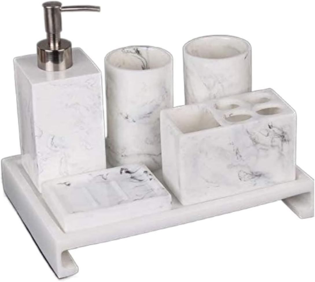 Vanity Bathroom Decor, Bathroom Accessory Set Modern Design Resin Minimalist Bathroom Amenities Kit for Decor Housewarming Gift Housewarming Gift(White,6-Piece Set)