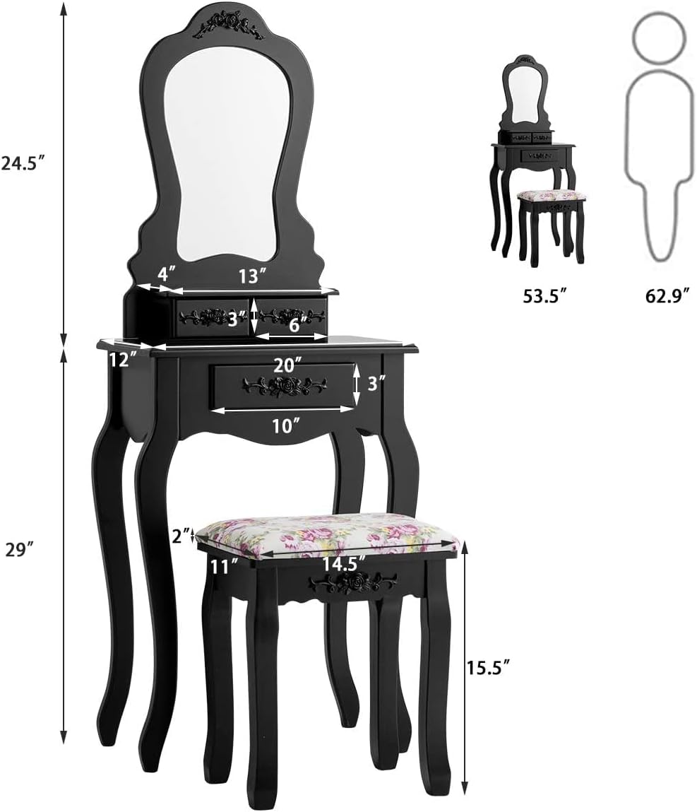 LDAILY Vanity Table Set with Cushioned Stool, Makeup Table with Clear Mirror & 3 Storage Drawers, Multipurpose Writing Desk, Bedroom Bathroom Small Space Dressing Table and Bench for Girl (Black)