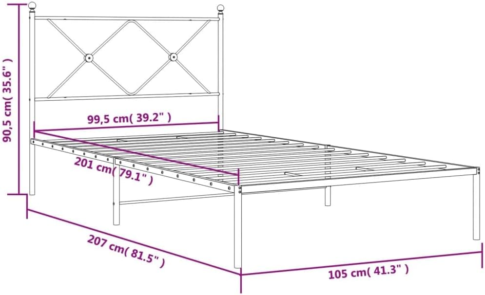White Powder-Coated Steel Single Bed Frame with Headboard, Durable Metal Bed Frame for Adults, 39.4 x 78.7 Inches, Modern Design for Bedroom, Sturdy Construction and Easy