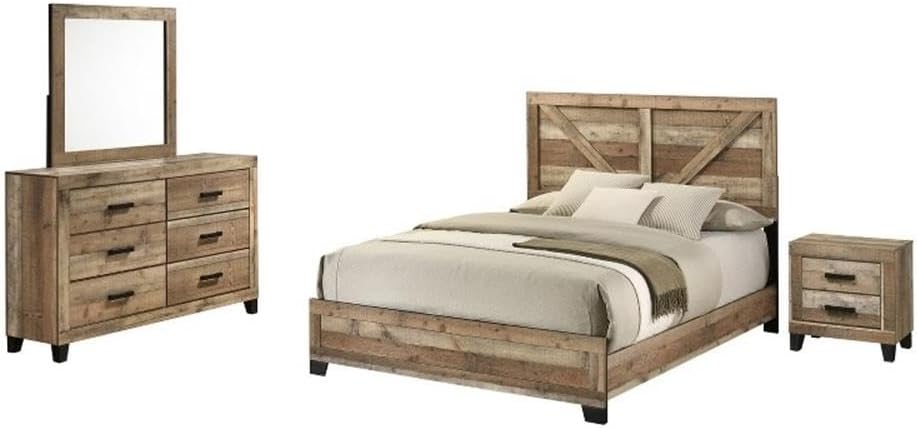 Best Quality Furniture 4 Piece Weathered Brown Pine Wood Bedroom Set in King