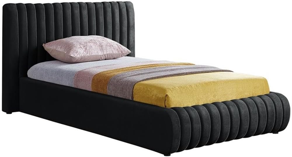 Pemberly Row Contemporary Velvet Twin Bed, 53' W x 86' D x 38' H, Deep Channel Tufted Rich Black Upholstery, Padded Headboard, Luxury Modern Bedroom Furniture
