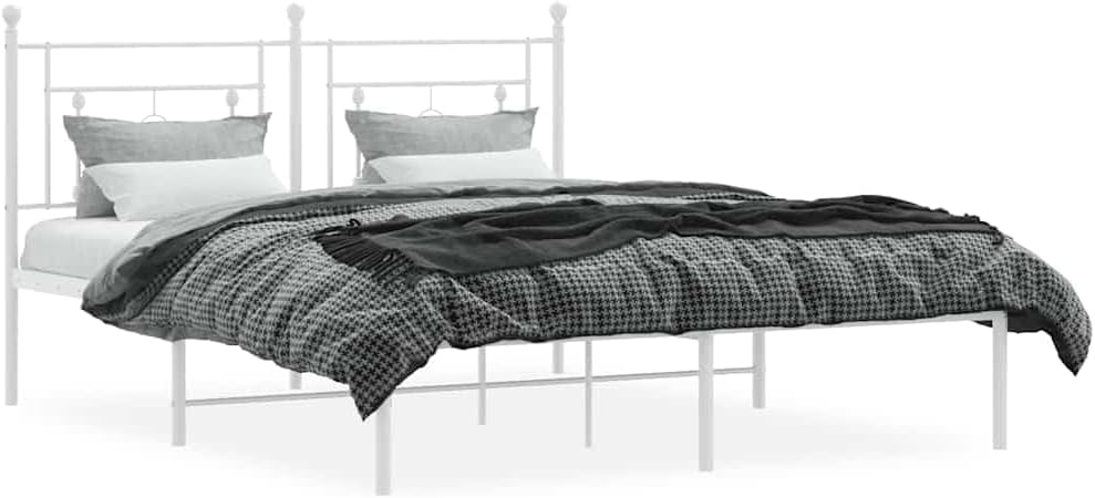 King Size Bed Frame with Headboard 4 Pieces White Powder-Coated Steel Modern Furniture Design for Bedroom Easy Bed Setup