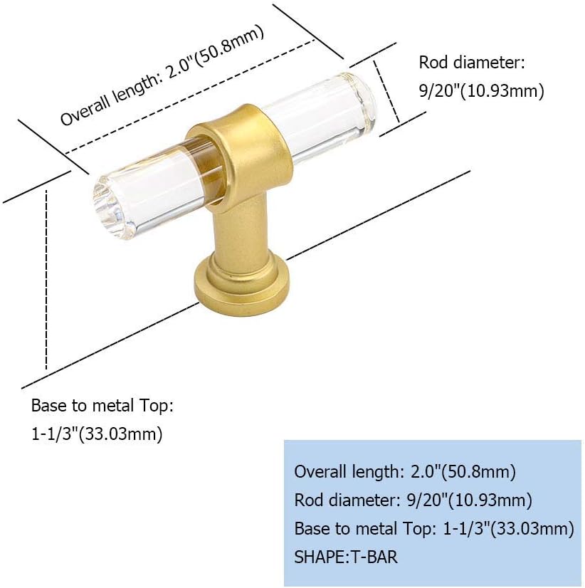 goldenwarm 200 Pack Acrylic Clear Cabinet Knobs T-bar Knobs Brushed Brass Acrylic Cabinet Handles Brushed Gold Drawer Pulls Handls Single Hole Hardware for Cupboard Door Dresser
