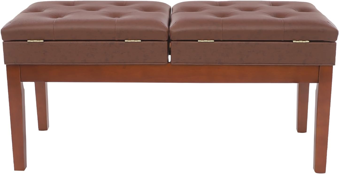 AngelcityCC Longer Duet Piano Bench with Storage, Adjustable Height Double Keyboard Piano Bench Seat with PU Leather Cushion