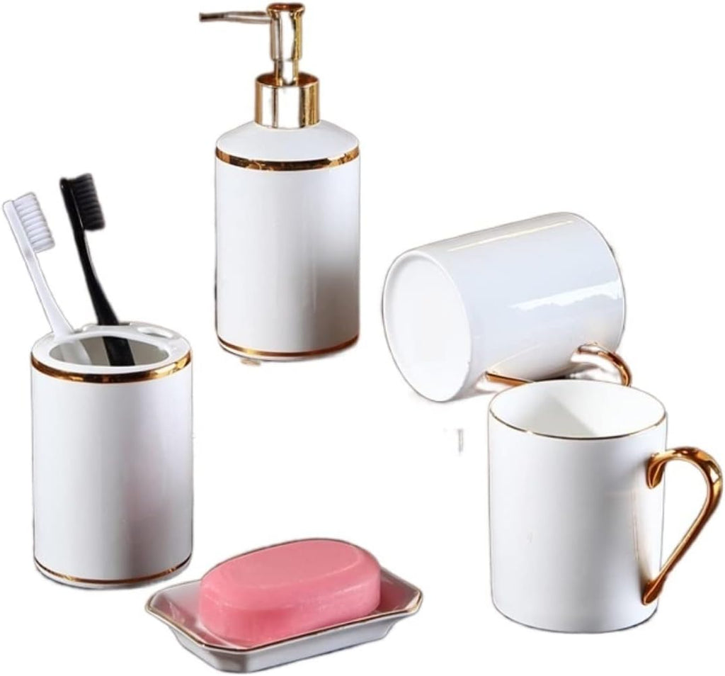 Vanity Bathroom Decor, Ceramics Bathroom Accessories Set White Bathroom Vanity Countertop Accessory Set European Simple Style Set Housewarming Gift(5pcs)