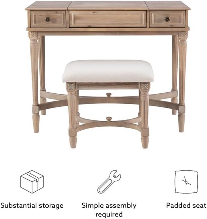 Linon Cyndi Wood Vanity & Padded Stool Set Flip Up Mirror 2 Drawers in Gray Wash