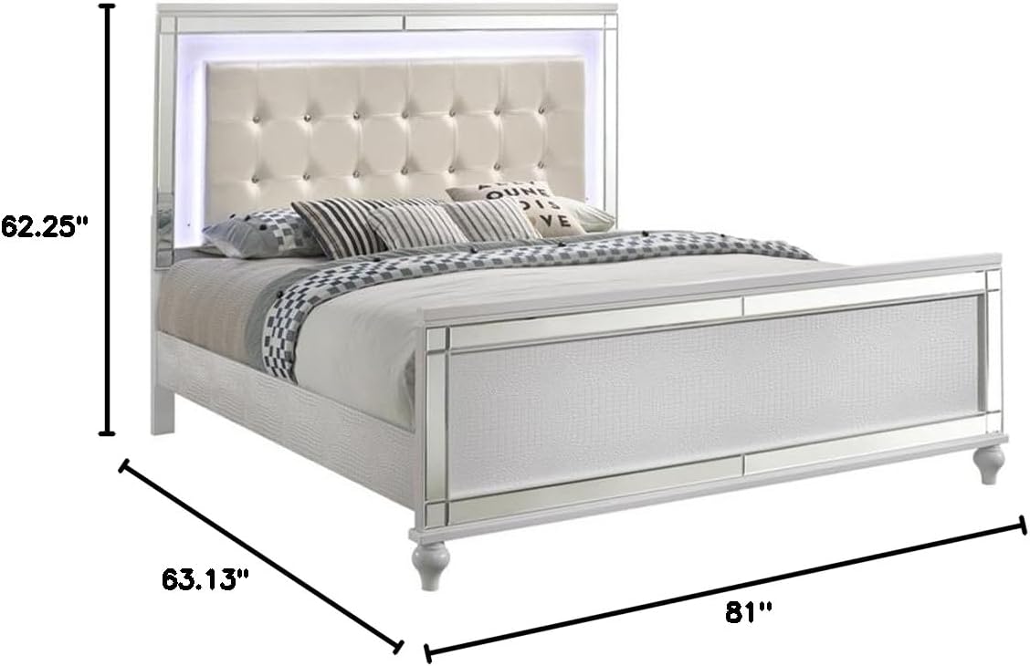 Pemberly Row Modern Solid Wood Queen Lighted Bed, White Finish, Hardwood Solids and Veneers, Embossed Inlay, Lighted Headboard, Durable and Functional Design for Bedroom Use