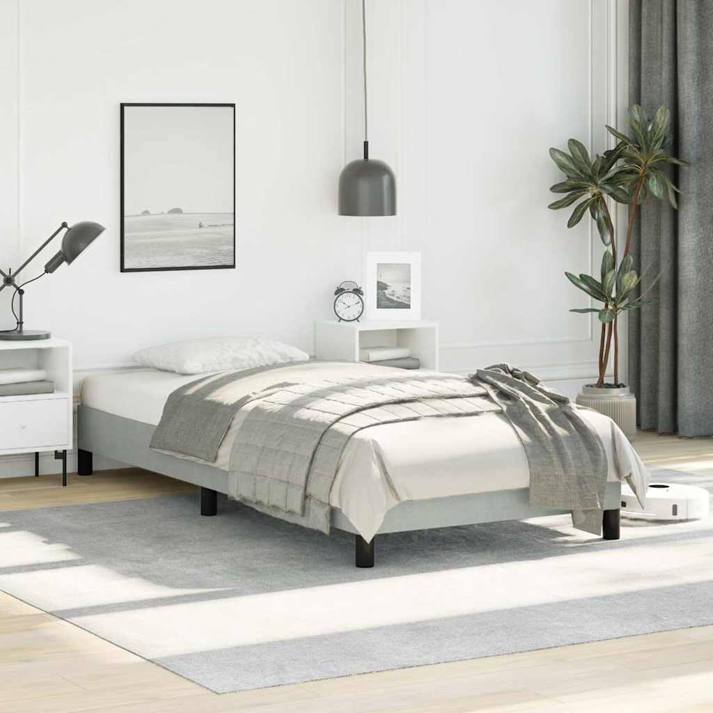 Light Gray Velvet Twin Bed Frame with Plywood and Engineered Wood Construction, Breathable Fabric for Enhanced Air Circulation, Sturdy Build and Customizable Headboard-Free