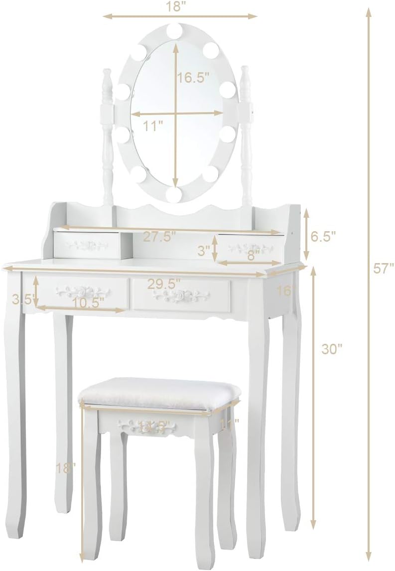 DORTALA Vanity Table Set, Makeup Table with 10 Dimmable Bulbs Lighted Mirror & 4 Drawers, Cushioned Stool, Solid Wood Leg, Classic Dressing Table Set for Home, Salon, White