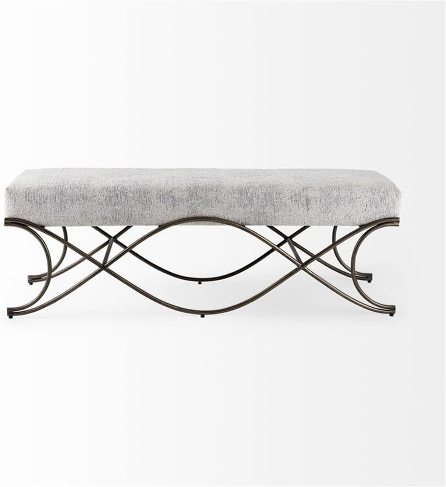Pemberly Row Vanity Bench, 55 in x 17.6 in x 18 in, Dark Gray Fabric Seat, Dark Nickel Metal Frame, Soft Cushioned Seating with Crisscross Legs, Contemporary Style for Entryway or Communal Spaces