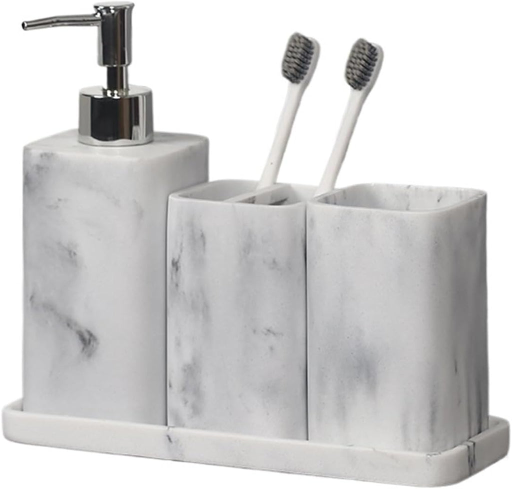Beautiful Resin Bathroom Accessory Sets, 4 Pieces Accessories Complete Set Vanity Countertop, Includes Lotion Dispenser, Mouthwash Cup, Toothbrush Holder and Tray Bathroom Decor(White,Large)