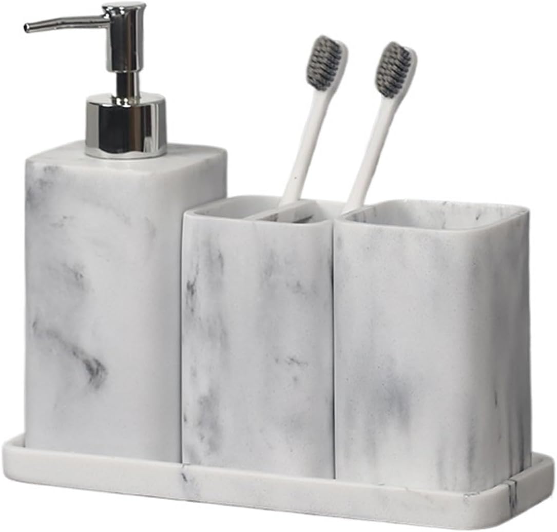 Beautiful Resin Bathroom Accessory Sets, 4 Pieces Accessories Complete Set Vanity Countertop, Includes Lotion Dispenser, Mouthwash Cup, Toothbrush Holder and Tray Bathroom Decor(White,Large)