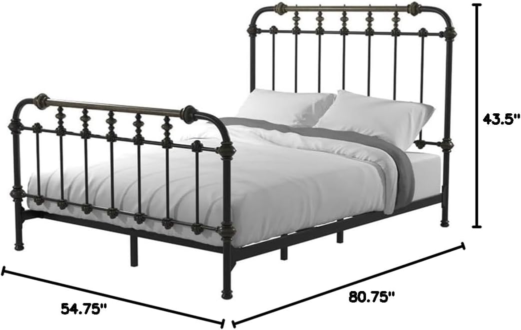BOWERY HILL Transitional Metal Twin Spindle Bed, Antique Black Finish, Powder-Coated Steel Construction, 80.75 x 43.5 x 54.75 in, Headboard and Footboard Slats, Antique Gold Accents for Bedroom Use