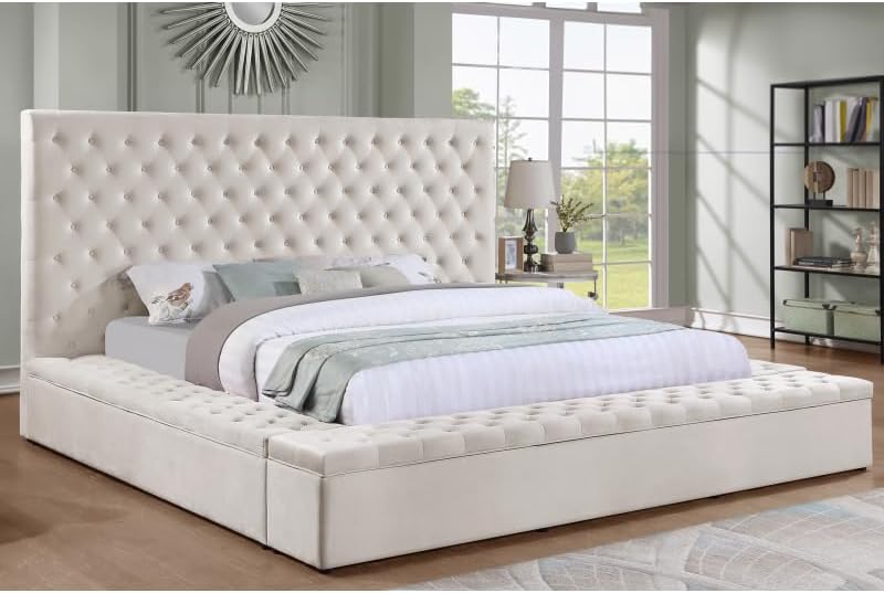 First of a Kind Modern Velvet Tufted upholstered Platform Storage Bed, Bed with deep Button Tufting and Storage Compartments in Rails and Footboard (Cream, Eastern King)