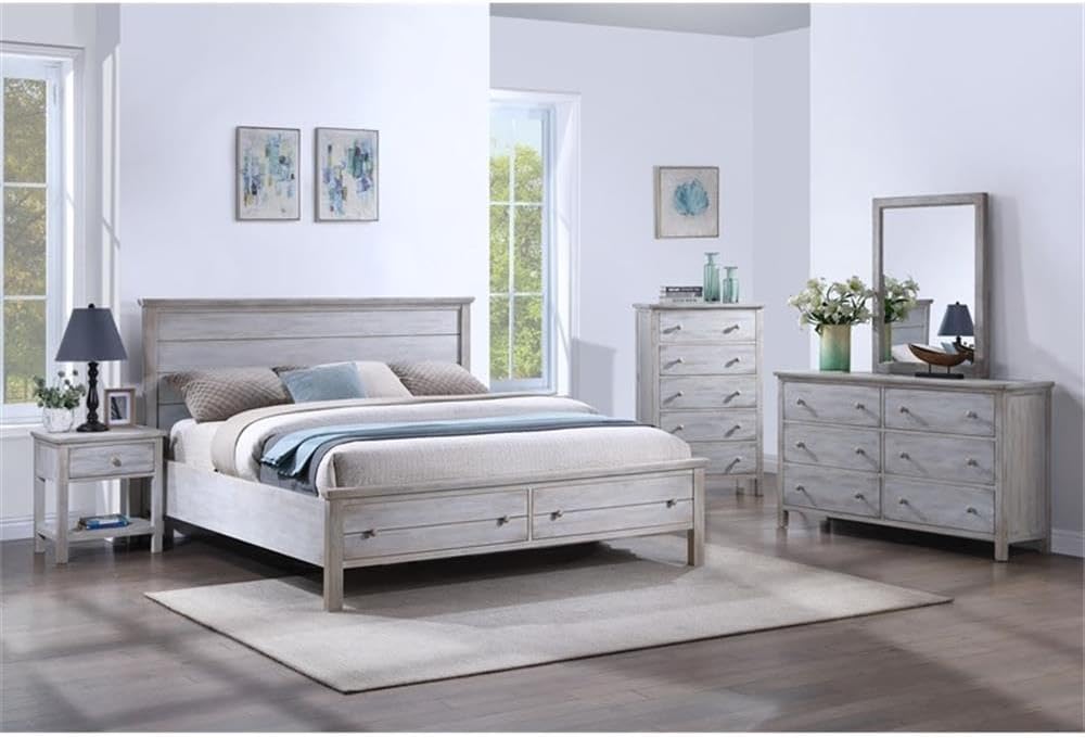 Pemberly Row Solid Wood King Storage Bed, Distressed Grey White Finish, Durable Spruce Construction, Transitional Style Frame with Storage Footboard, Complete Bedroom Set for Timeless Home Decor
