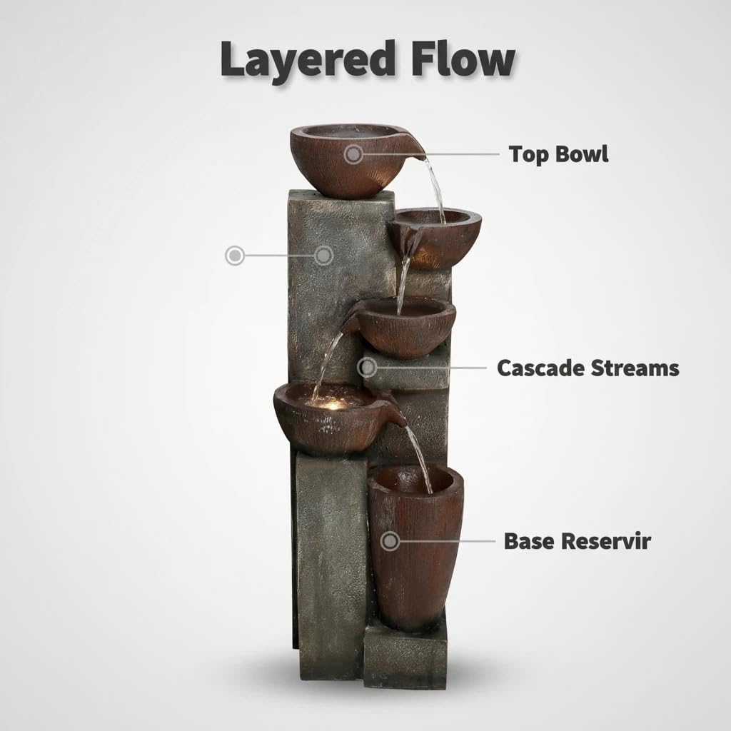 SunJet 5-Tier Outdoor Water Fountain Resin Fountain Decor with LED Lighting Natural Polyresin Looking Stone Decor for Garden Patio Fold Court Yard Deck 12.99' L x 13.78' W x 39.76' H