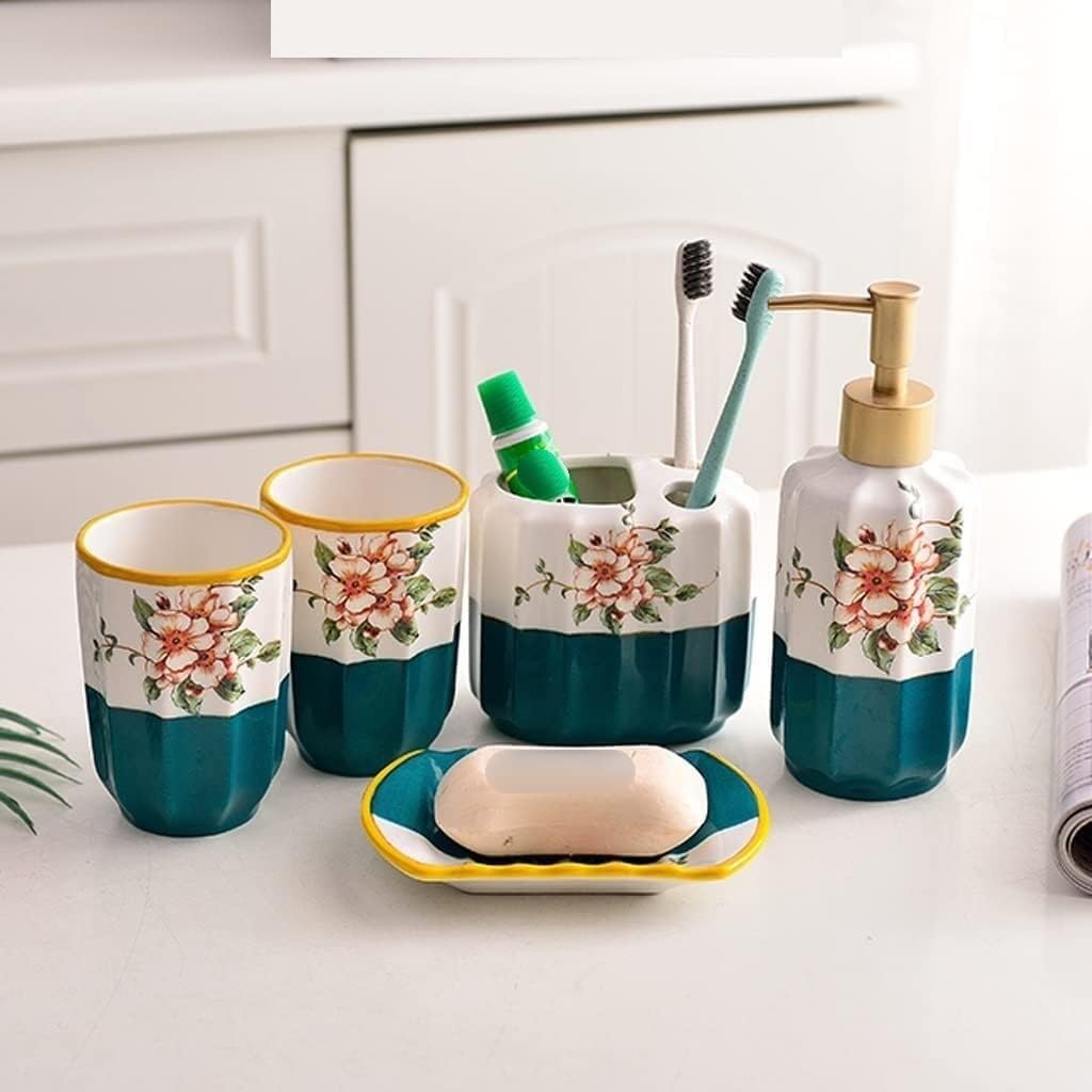 Vanity Bathroom Decor, Ceramic Soap Dispenser Set Bathroom Accessory Set Soap Pump for Bathroom Kitchen Soap Dish, Toothbrush Holder Housewarming Gift(5pack+Tray)