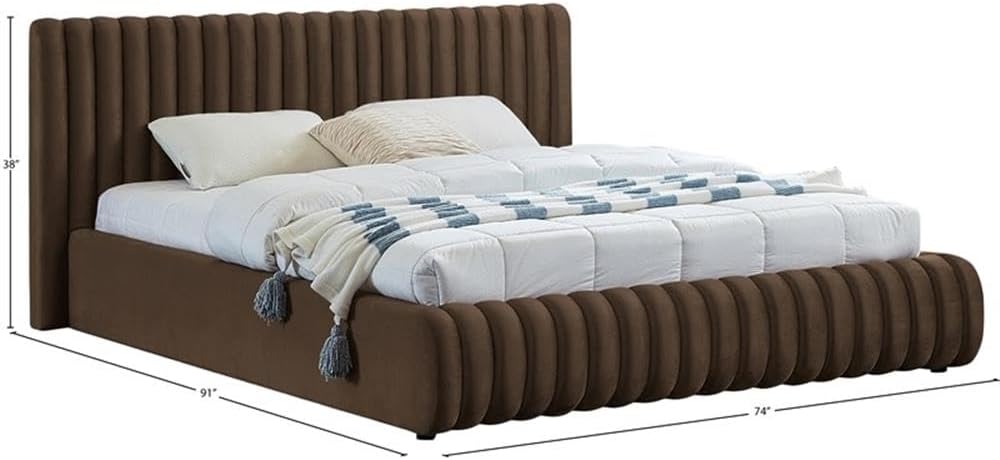 Pemberly Row Contemporary Queen Bed, 74' W x 91' D x 38' H, Rich Brown Velvet Upholstery, Deep Channel Tufting, Padded Headboard, Modern Style Bedroom Furniture, Elegant Design