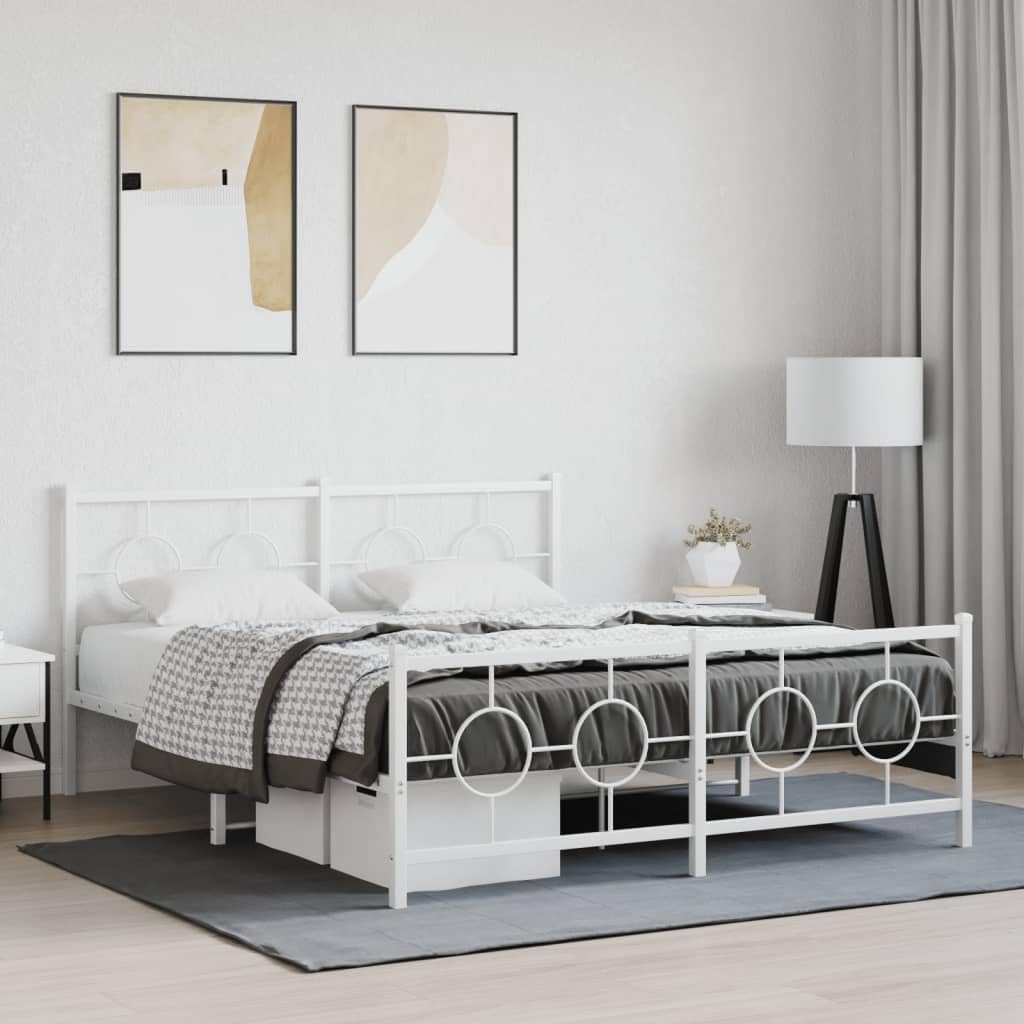 Metal Bed Frame Queen Size White Platform Bed Frame with Footboard and Underbed Storage Space 59.1'x78.7' Sturdy Steel Construction for Bedroom Furniture