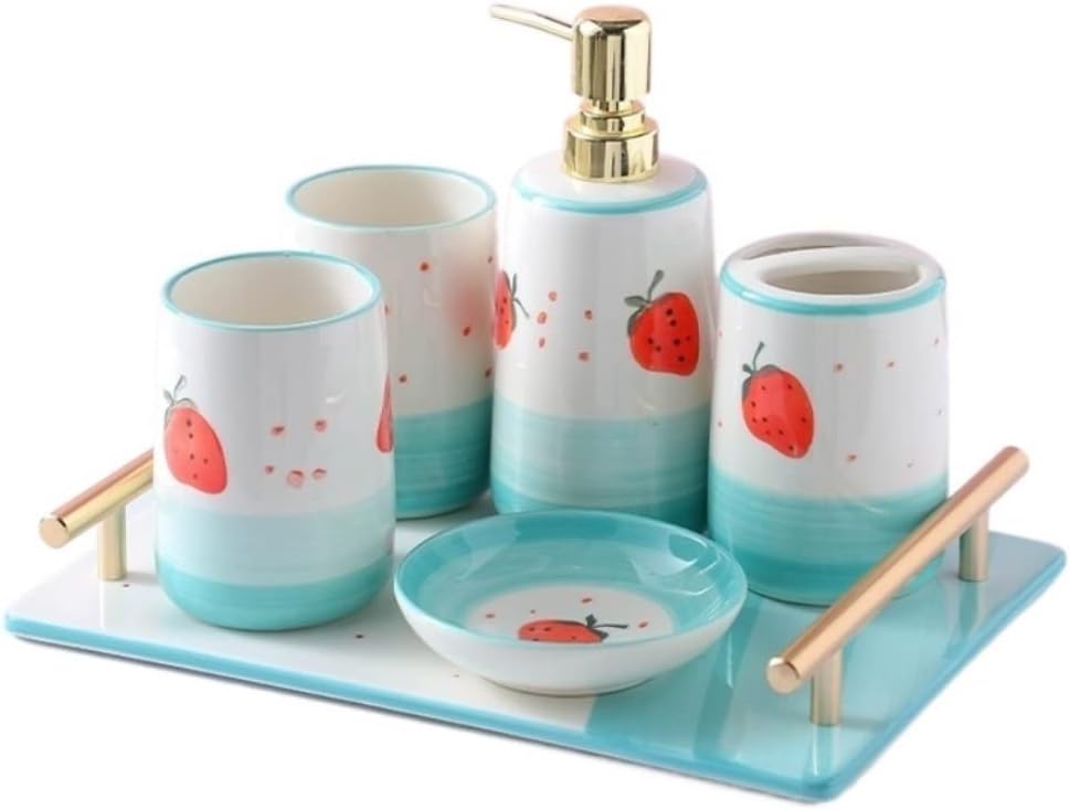 Vanity Bathroom Decor, Bathroom Accessory Set Ceramic 6 Piece Bathroom Set Features Soap Dispenser Strawberry Pattern Hand Housewarming Gift(Blue)
