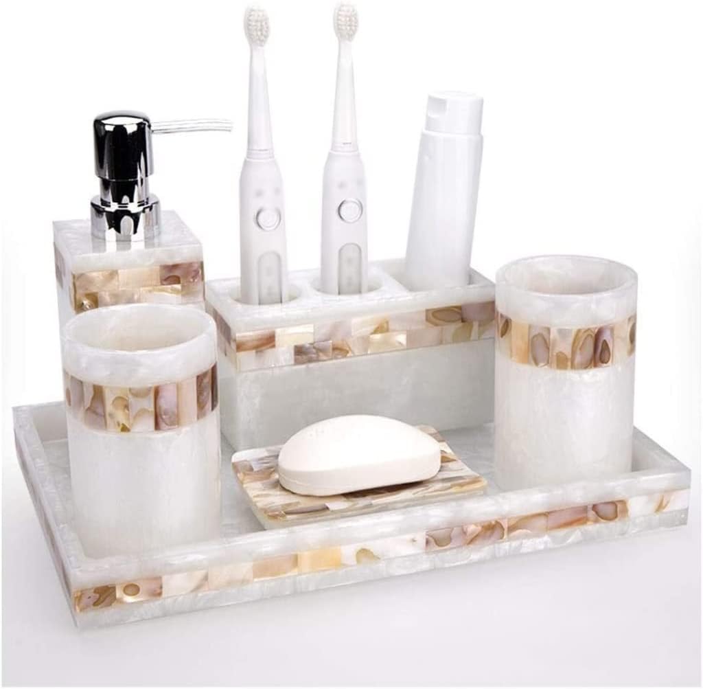 Vanity Bathroom Decor, Light Luxury Shell Bathroom Accessories Set Resin Cup Toothbrush Holder Soap Dispenser Bath Supplies Wash Set Housewarming Gift(6pcs)