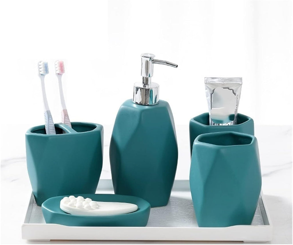 Vanity Bathroom Decor, Ceramic Soap Dispenser Round Bathroom Accessories Set 5 Pieces Toothbrush Holder Mouthwash Cups Soap Dish Housewarming Gift(Blue,6 Pieces)