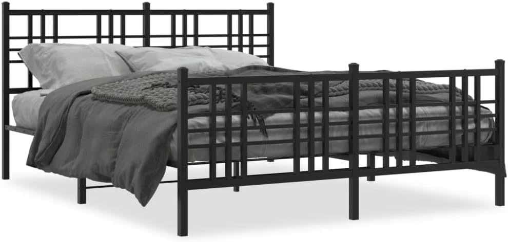 Black Steel Bed Frame King Size Rectangular Traditional Metal Frame Sturdy Construction Elegant Finish for Bedroom Mattress Support