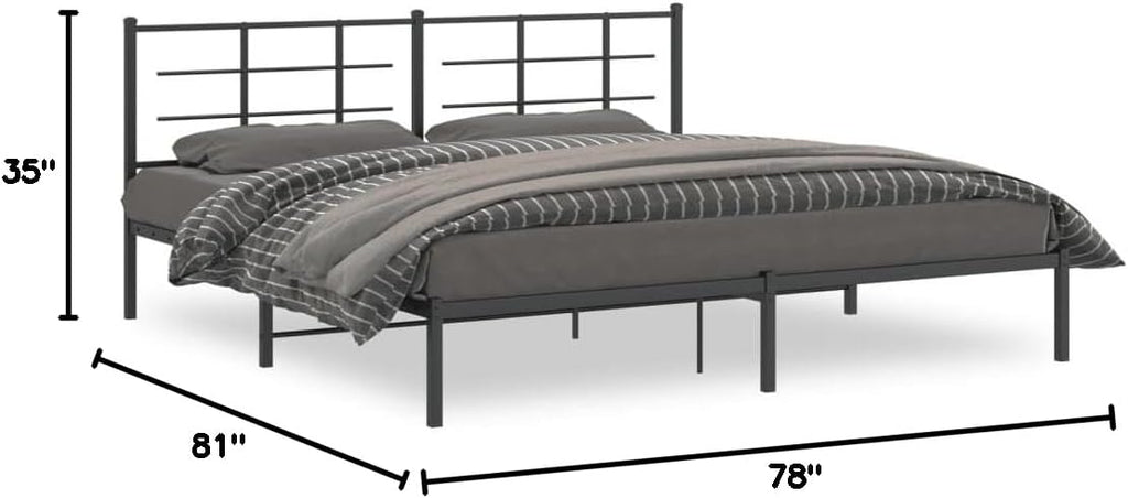 King Metal Bed Frame with Headboard Black 76'x79.9' Steel Platform Bed Frame Sturdy Bedframe with Underbed Storage Space for Bedroom