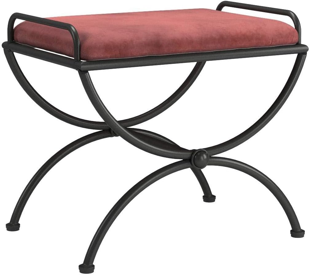 Pemberly Row Iron Vanity Bench, 17 in H x 21 in W x 16 in D, Powdercoated Frame, Red Wine Finish, Microsuede Cushion, Hand-Woven Rattan and Twill Materials, Dressing Room or Bedroom Seating