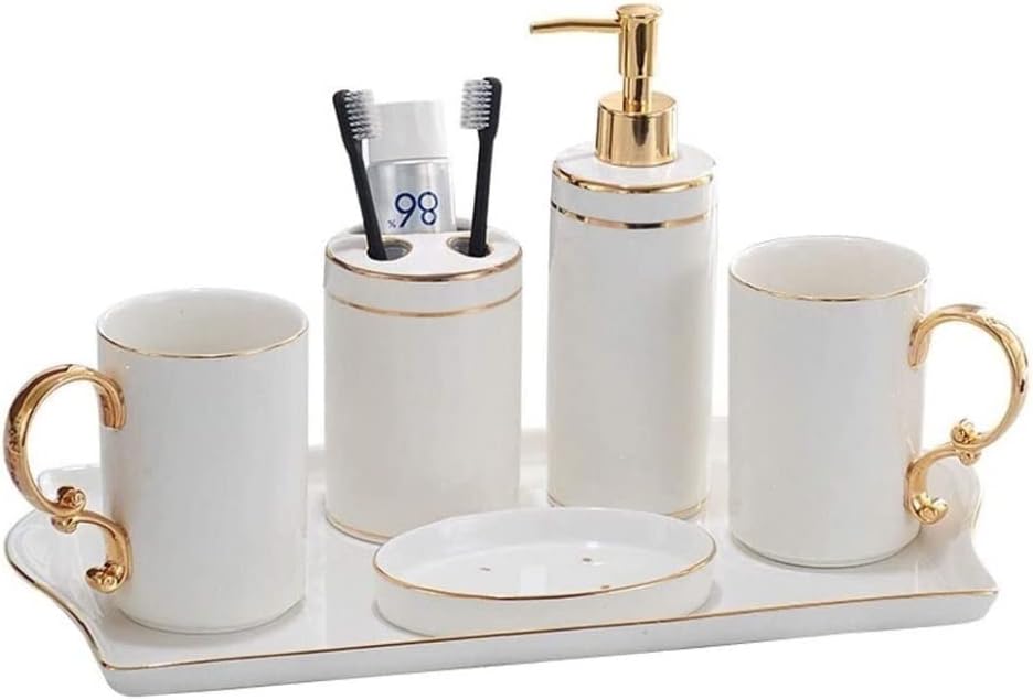 Vanity Bathroom Decor, Ceramic Bathroom Accessories Set Lotion Soap Dispenser Toothbrush Holder Cup Soap Dish Housewarming Gift(6pcs(Golden Handle))