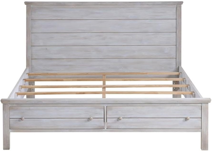 Pemberly Row Solid Wood King Storage Bed, Distressed Grey White Finish, Durable Spruce Construction, Transitional Style Frame with Storage Footboard, Complete Bedroom Set for Timeless Home Decor