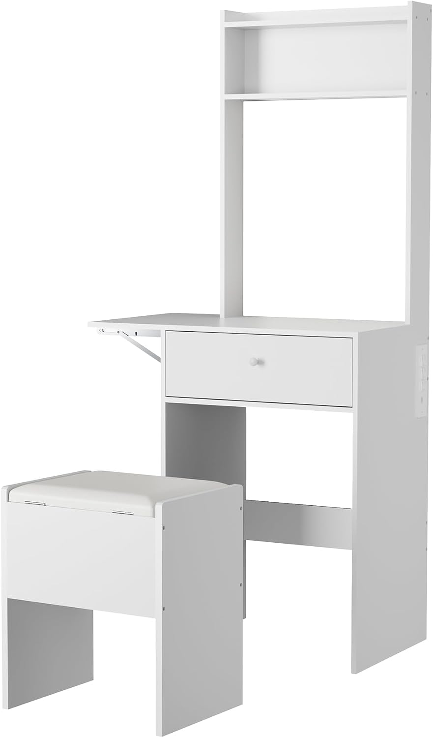 Garvee White Makeup Vanity Desk with Smart LED Mirror & Power Station, Small Vanity Desk with with Fold-up Panel, Storage Chair and Open Shelves for Bedroom