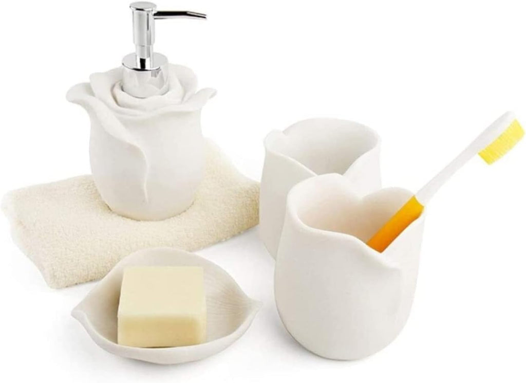 Vanity Bathroom Decor, Bathroom Accessory Set 4pc Bath Accessory Set Soap Dish Lotion Dispenser Tumbler Bathroom Set Modern Design Housewarming Gift(Rose)