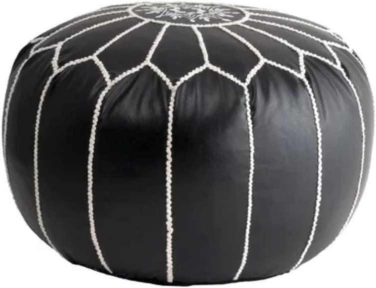 Classy Black Faux Leather Round Pouf Ottoman 20'' | Stylish Tufted Footrest Vanity Stool Glamorous Touch Luxe Look, | Bench Fluffy Dorm Patio Perfect for Living Room, Bedroom, Lounge Cushioned