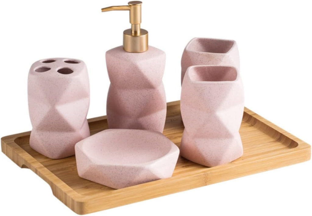 Vanity Bathroom Decor, 6 Pieces Bathroom Accessories Set Matte Ceramic Diamond Pattern Bath Ensemble Bath Set Nordic Style Housewarming Gift(Pink)