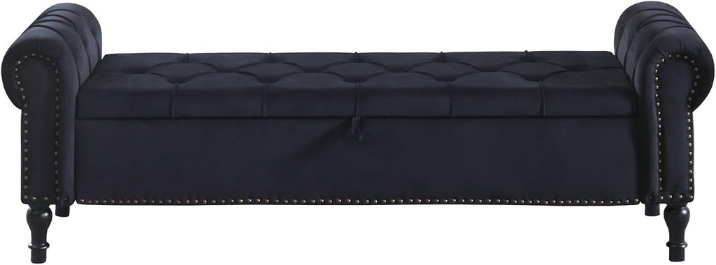 Storage Bed Bench for Bedroom, 67 Inches End of Bed Bench, Velvet King Size Bench with Arms, Tufted Button Storage Ottoman Benches, Upholstered Bench for Bedroom, Living Room, Entryway, Black