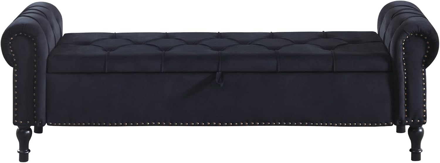 Storage Bed Bench for Bedroom, 67 Inches End of Bed Bench, Velvet King Size Bench with Arms, Tufted Button Storage Ottoman Benches, Upholstered Bench for Bedroom, Living Room, Entryway, Black