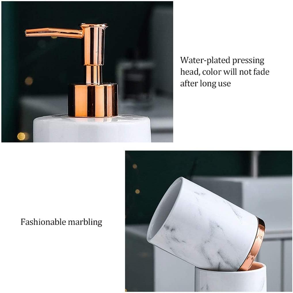 Vanity Bathroom Decor, Bathroom Accessory Set with Metal Base, 5 Piece Marble Pattern Bathroom Sets Accessories Soap Dispenser Soap Dish Housewarming Gift
