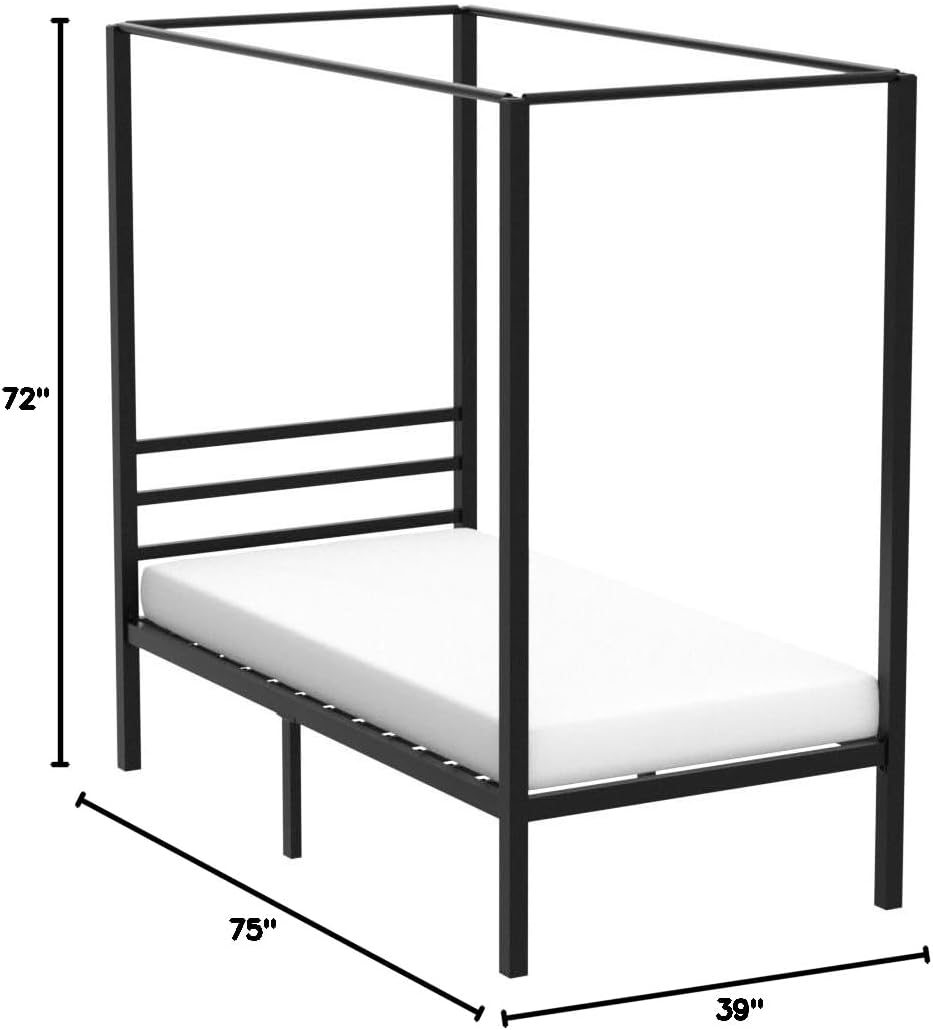 YITAHOME Metal Four Posters Canopy Bed Frame 14 Inch Platform with Built-in Headboard Strong Metal Slat Mattress Support, No Box Spring Needed, Black, Twin Size