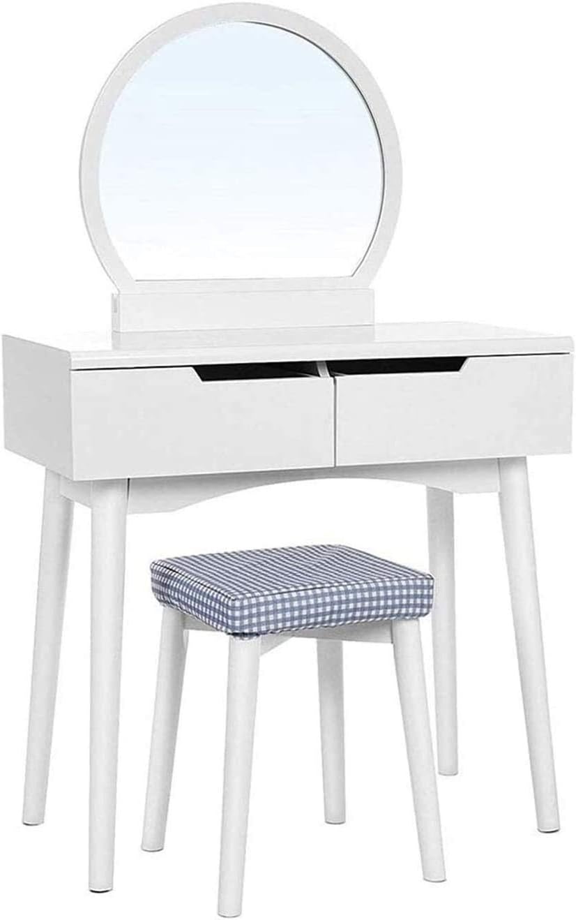 Round Mirror Vanity Table Set Sliding Drawers Makeup Dressing Table with Cushioned Stool Vanity Benches for Bedroom
