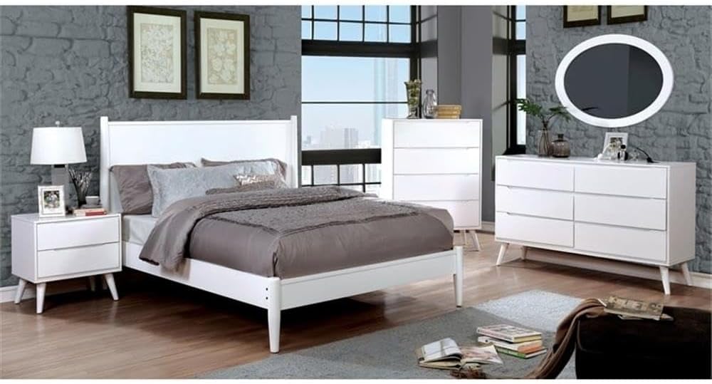 Allora 2pc Mid-Century Bedroom Set, Solid Wood & Veneer, White Finish, King Bed with Panel Headboard & Tapered Legs, Nightstand with 2 Drawers, Modern Minimalist Design for Bedroom Decor