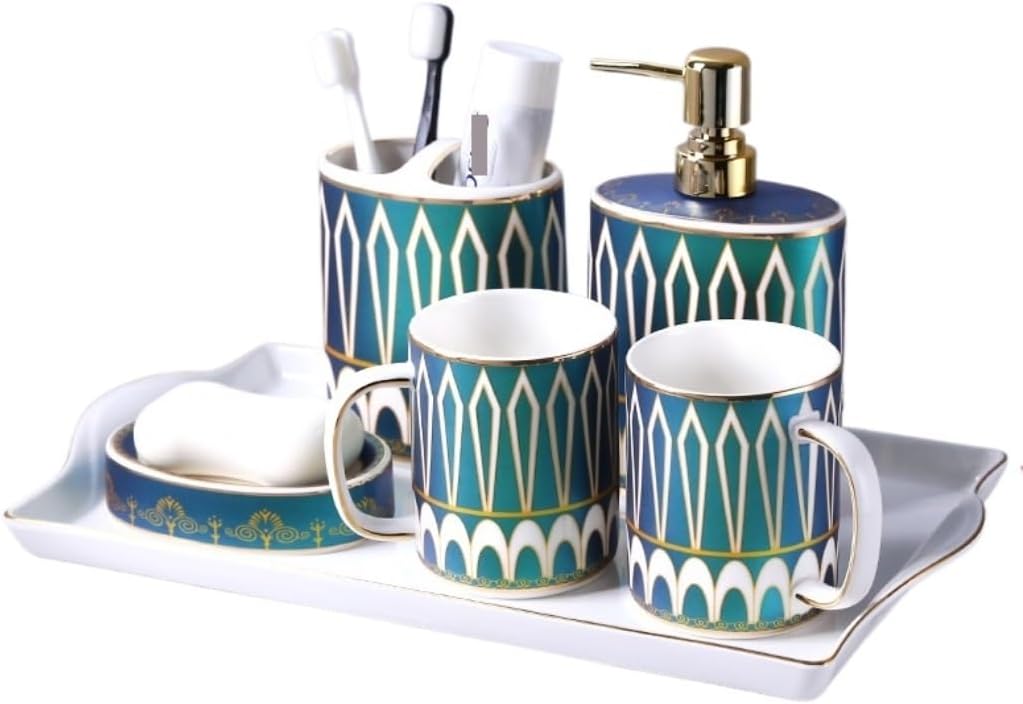 Vanity Bathroom Decor, Ceramic Bathroom Accessories Set 6 Piece Ceramic Tray Lotion Pump Soap Dispenser Toothbrush Holder Soap Dish Housewarming Gift(B)