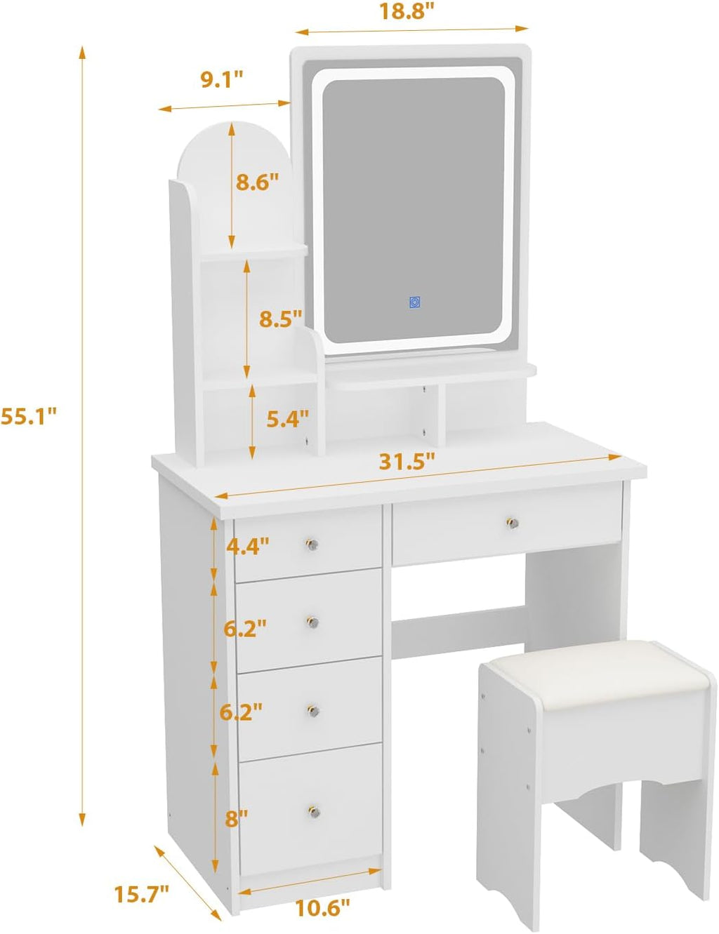 Vanity with Chair, Dressing Table with Lighted Rectangular Mirror, 5 Drawers and Shelves, Makeup Vanity Set with Storage for Bedroom, Crystal Knobs, White, 15.7' D x 31.5' W x 55.1' H